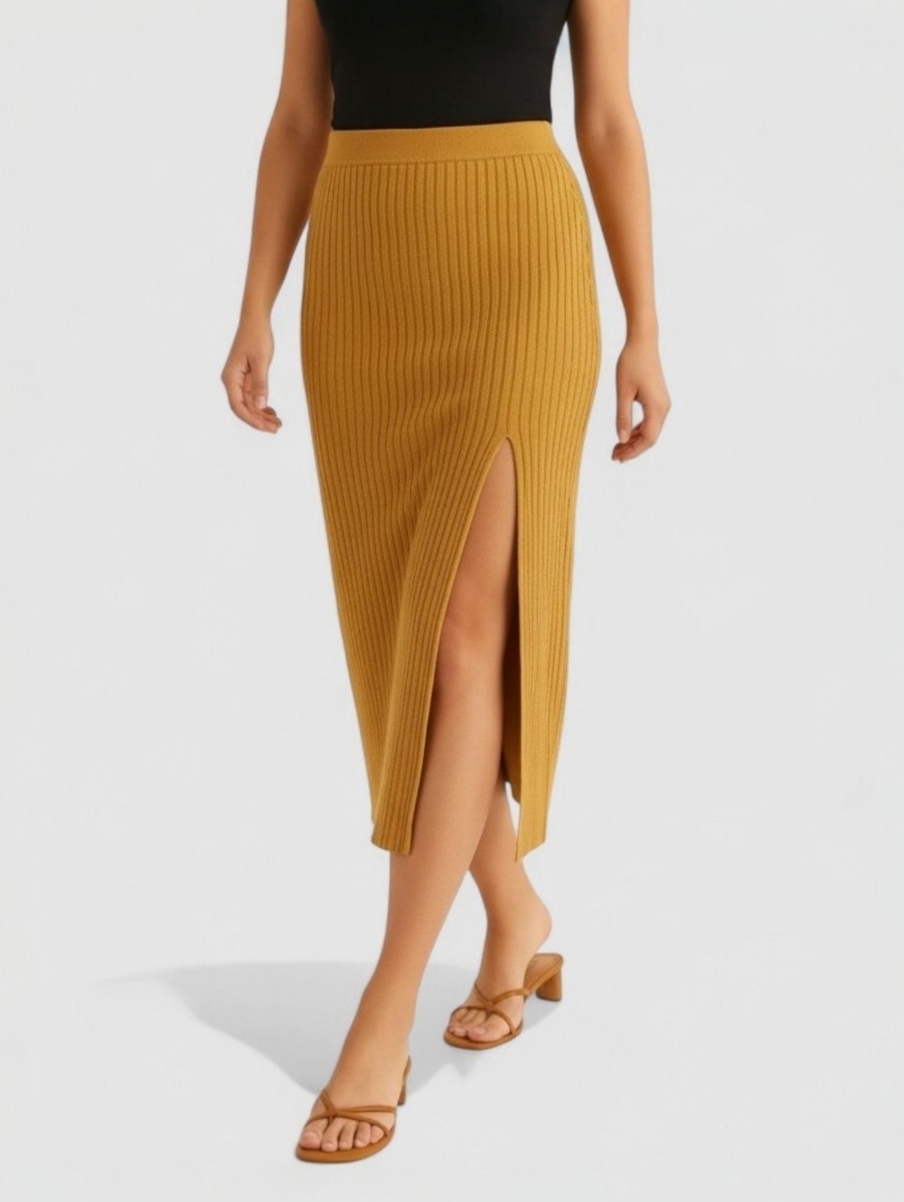 Aritzia Wilfred Zeta Ribbed Midi Skirt Cairo Gold Slit Capsule Wardrobe M
